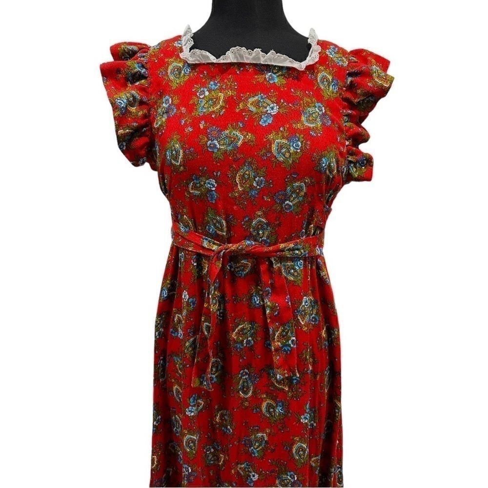 Vintage 1970s Handmade Floral Lace Prairie Maxi Dress Red Ruffle Sleeve Sz S - Picture 3 of 13